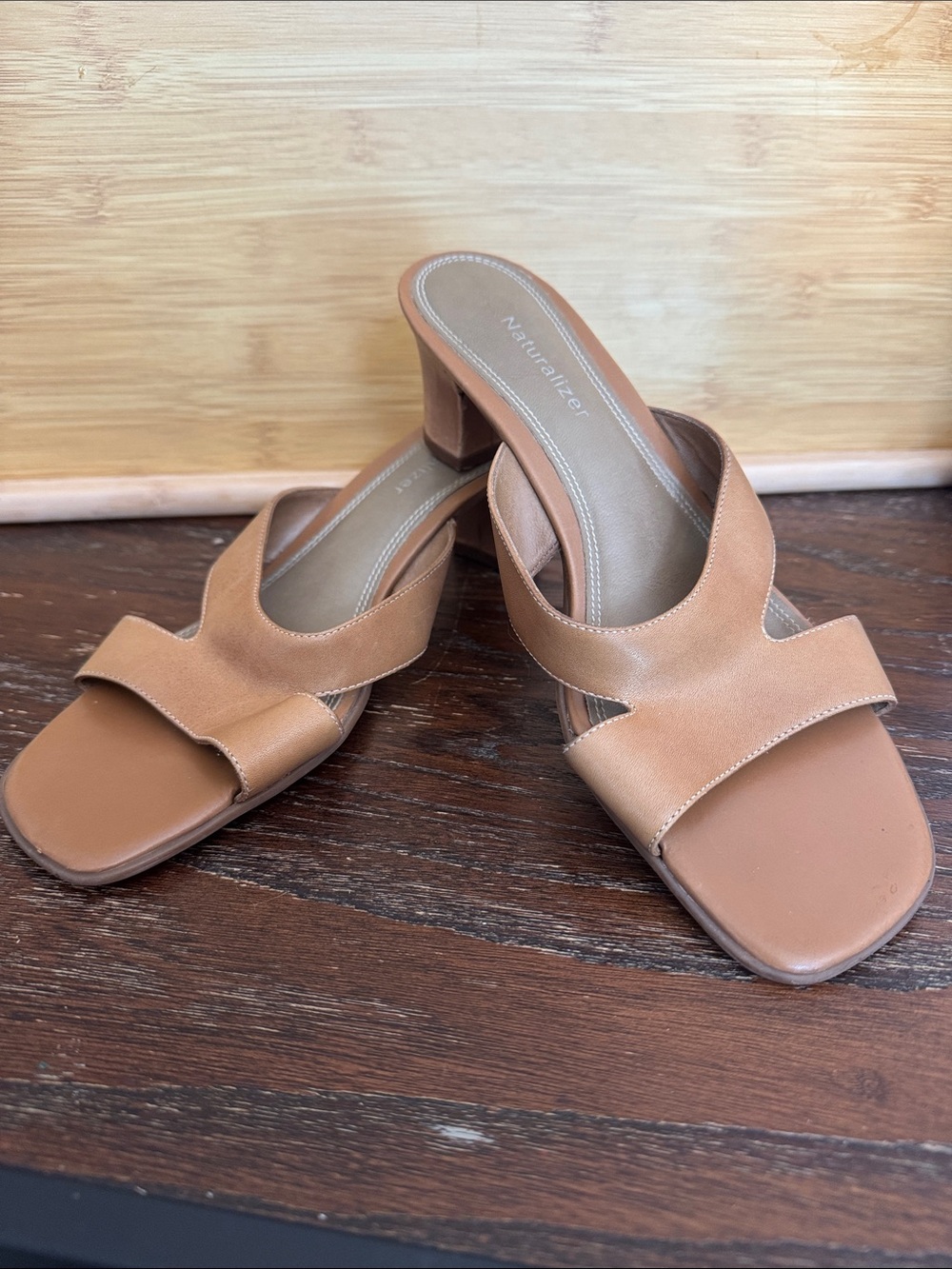 Naturalizer Tan Leather Slide Sandals with Block Heel